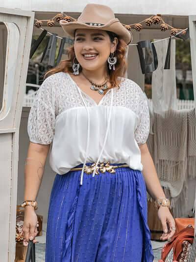 Plus Size Tie Neck Short Sleeve Blouse - Clothes For Her Online Store