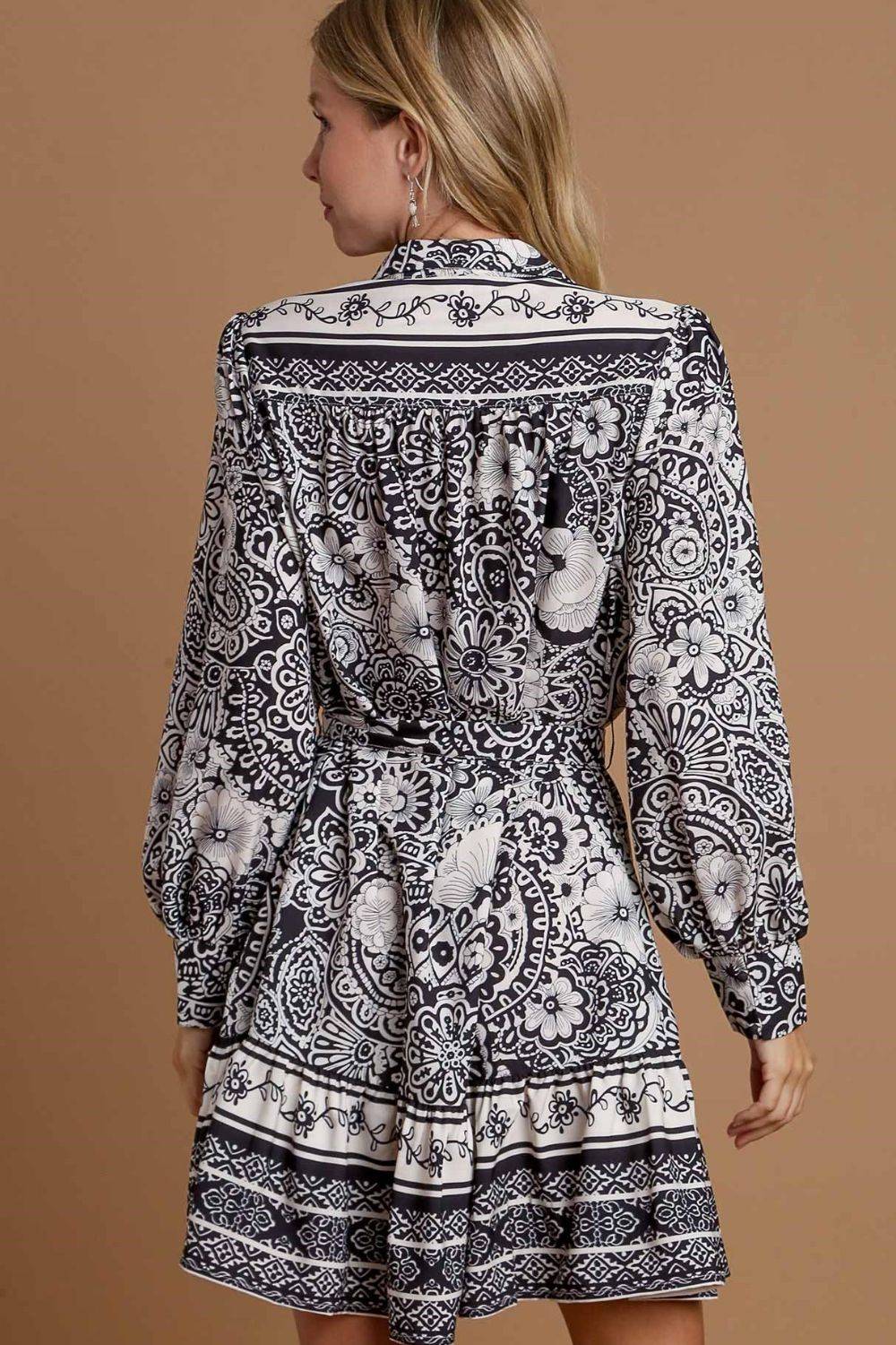 Umgee Full Size Two Tone Floral Border Print Tie Waist Mini Dress Plus Size - Clothes For Her Online Store