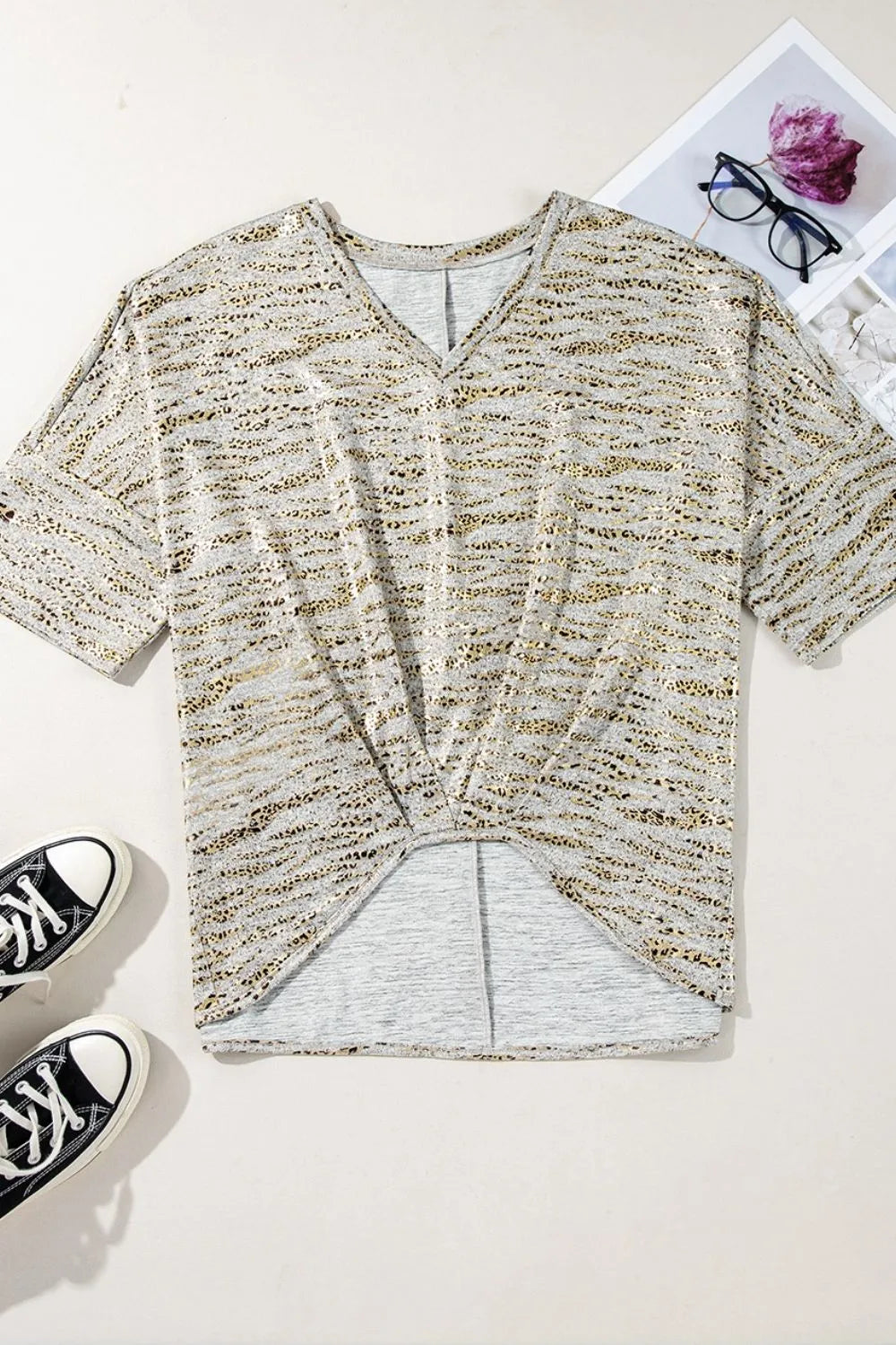 Leopard Print Half Sleeve V Neck Loose Fit T Shirt