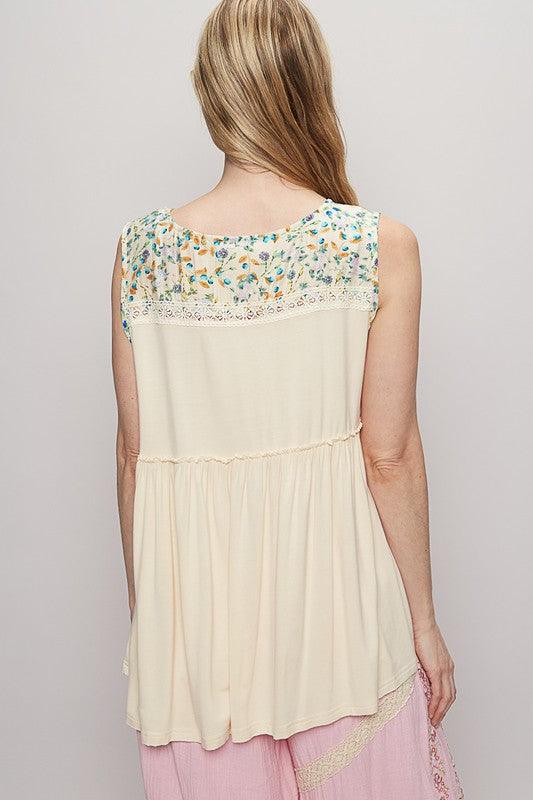 POL Lace Detail Frill Floral V-Neck Sleeveless Top - Clothes For Her Online Store