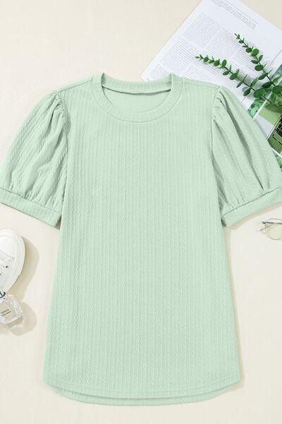 Textured Round Neck Short Puff Sleeve Top - Clothes For Her Online Store