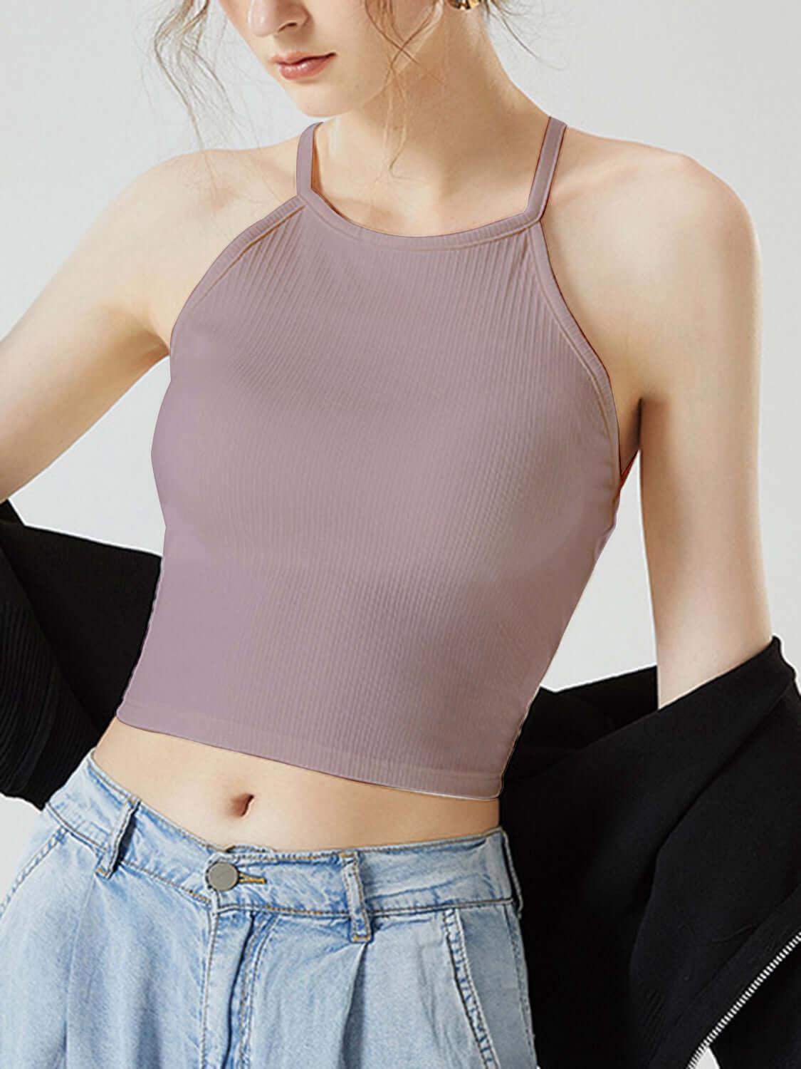 Grecian Neck Cropped Tank with Chest Pads - Clothes For Her Online Store