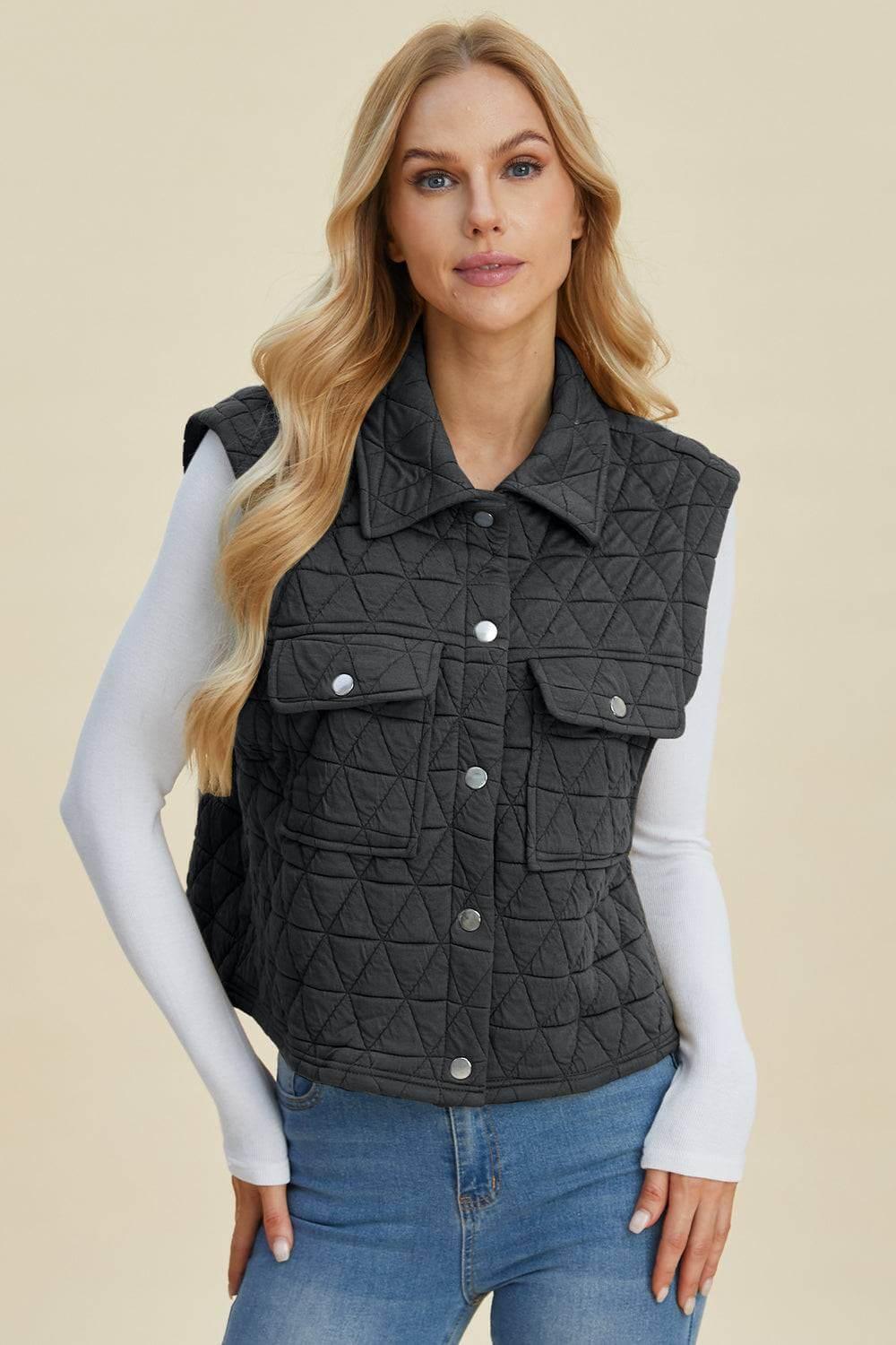 Double Take Full Size Pocketed Texture Snap Down Vest Coat - Clothes For Her Online Store