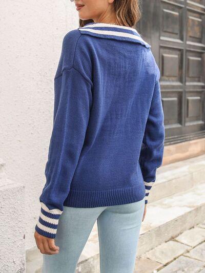 Striped Trim Drop Shoulder Sweater - Clothes For Her Online Store