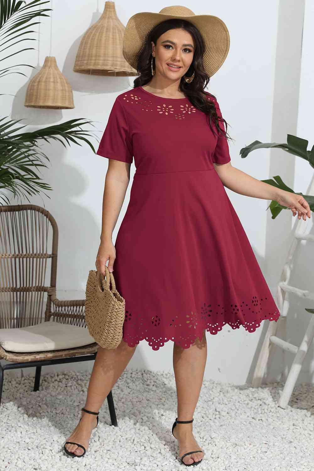 Plus Size Round Neck Openwork Dress - Clothes For Her Online Store