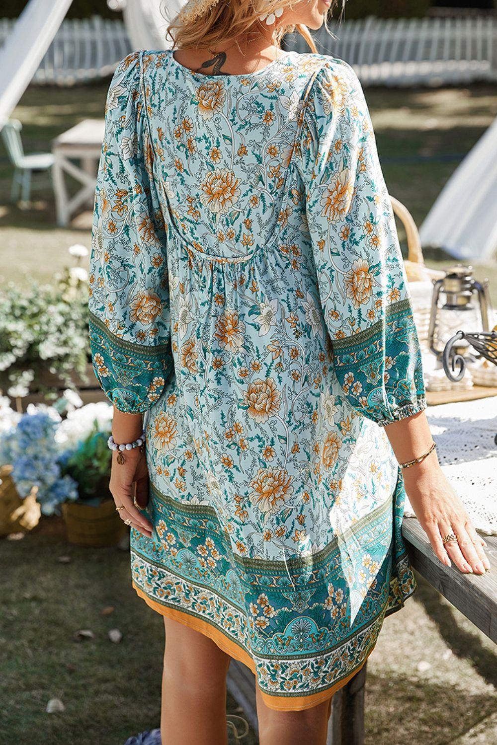 Devine Printed Tie Neck Mini Dress - Clothes For Her Online Store
