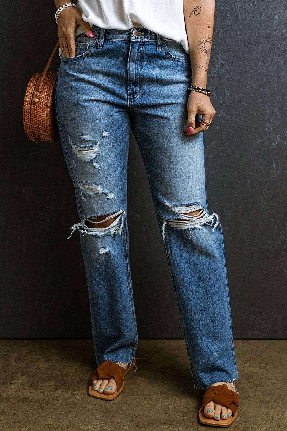 Distressed Raw Hem Jeans with Pockets - Clothes For Her Online Store