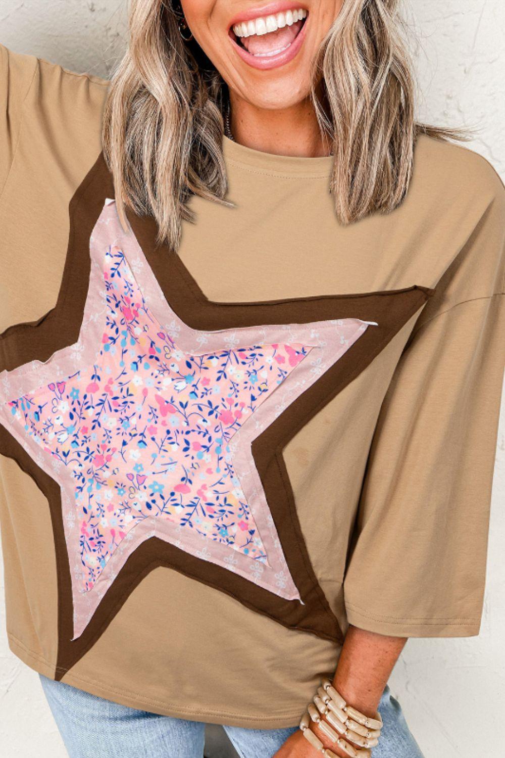 Star Applique Patch Round Neck T-Shirt - Clothes For Her Online Store