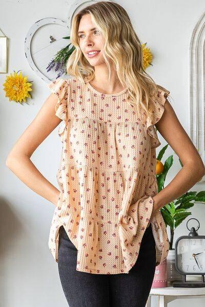 Heimish Full Size Butterfly Short Sleeve Round Neck Ditsy Floral Print Tiered Top Plus Size - Clothes For Her Online Store