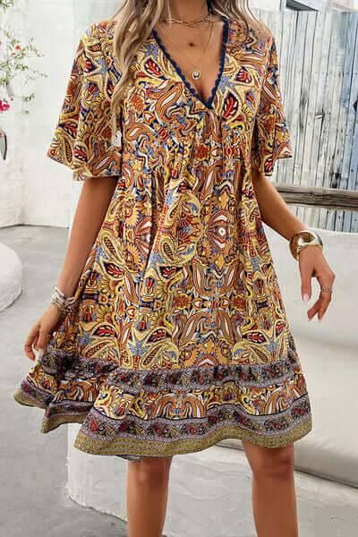 Devine Printed V-Neck Half Sleeve Mini Dress - Clothes For Her Online Store