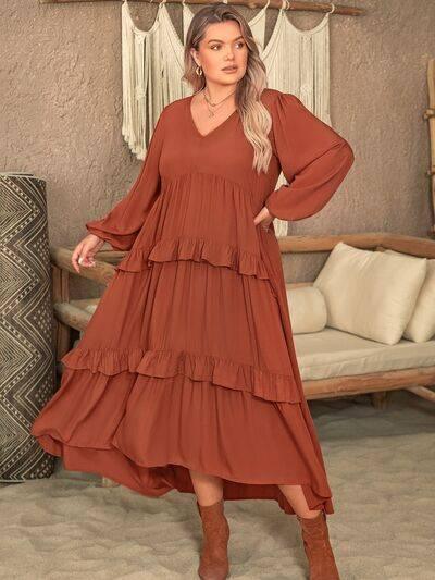 Plus Size Ruffled V-Neck Balloon Sleeve Dress - Clothes For Her Online Store