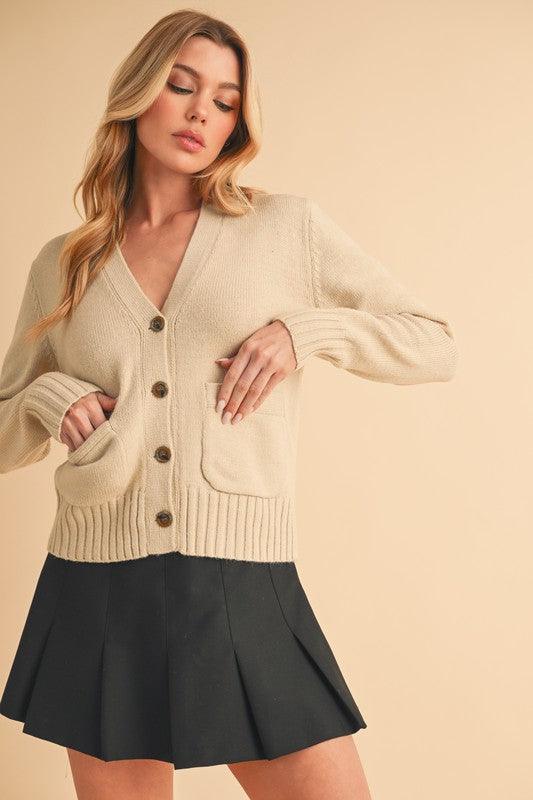 Aemi + Co Ribbed Hem Button Down V-Neck Cardigan - Clothes For Her Online Store