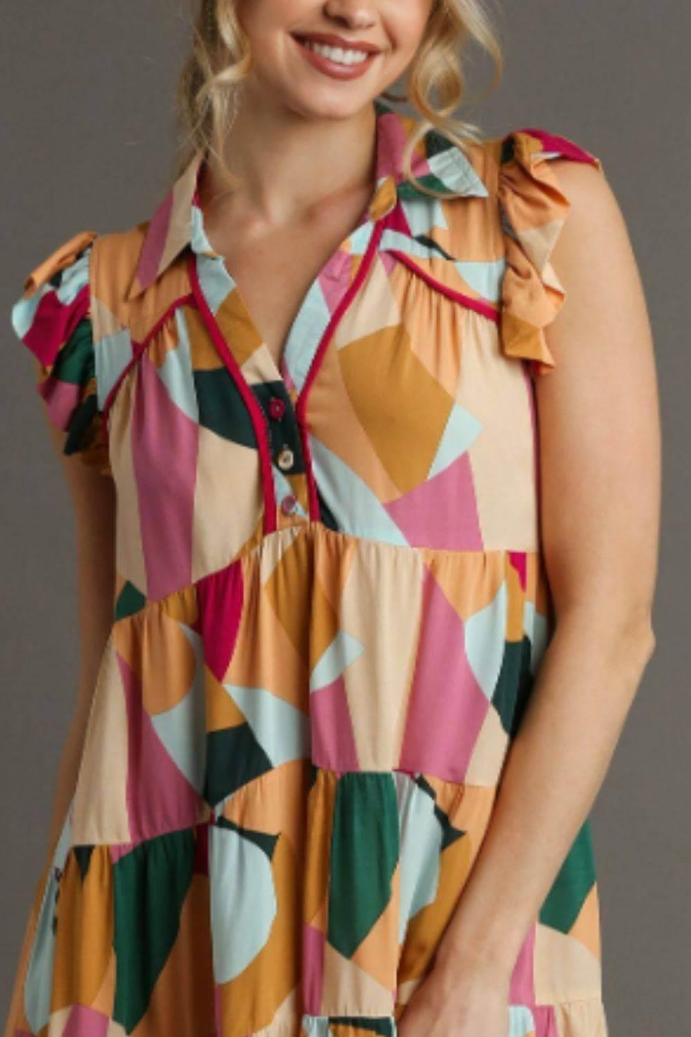 Umgee Full Size Button Detail Ruffle Sleeve Mini Dress Plus Size - Clothes For Her Online Store