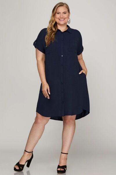 She + Sky Full Size Button Down Short Sleeve Woven Shirt Dress Plus Size - Clothes For Her Online Store