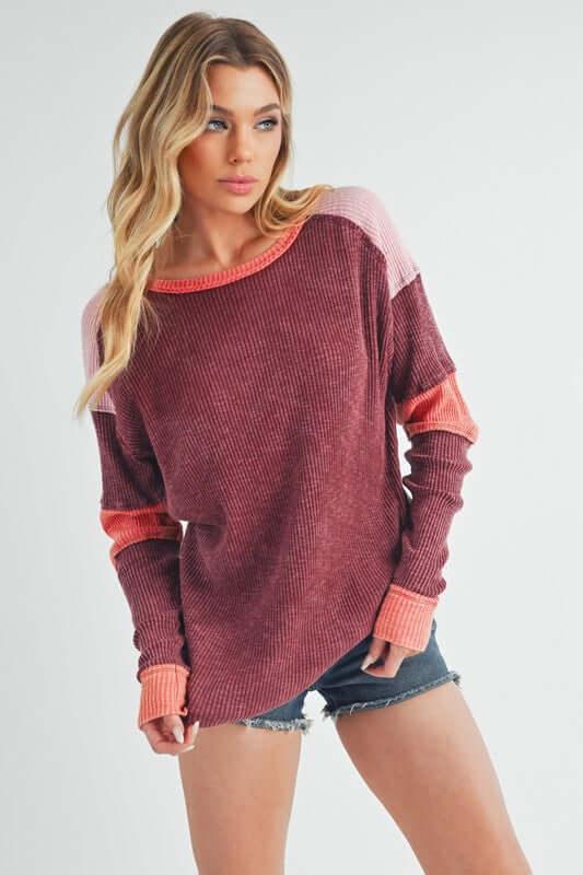 Aemi + Co Raw Seam Color Block Round Neck Knit Top - Clothes For Her Online Store