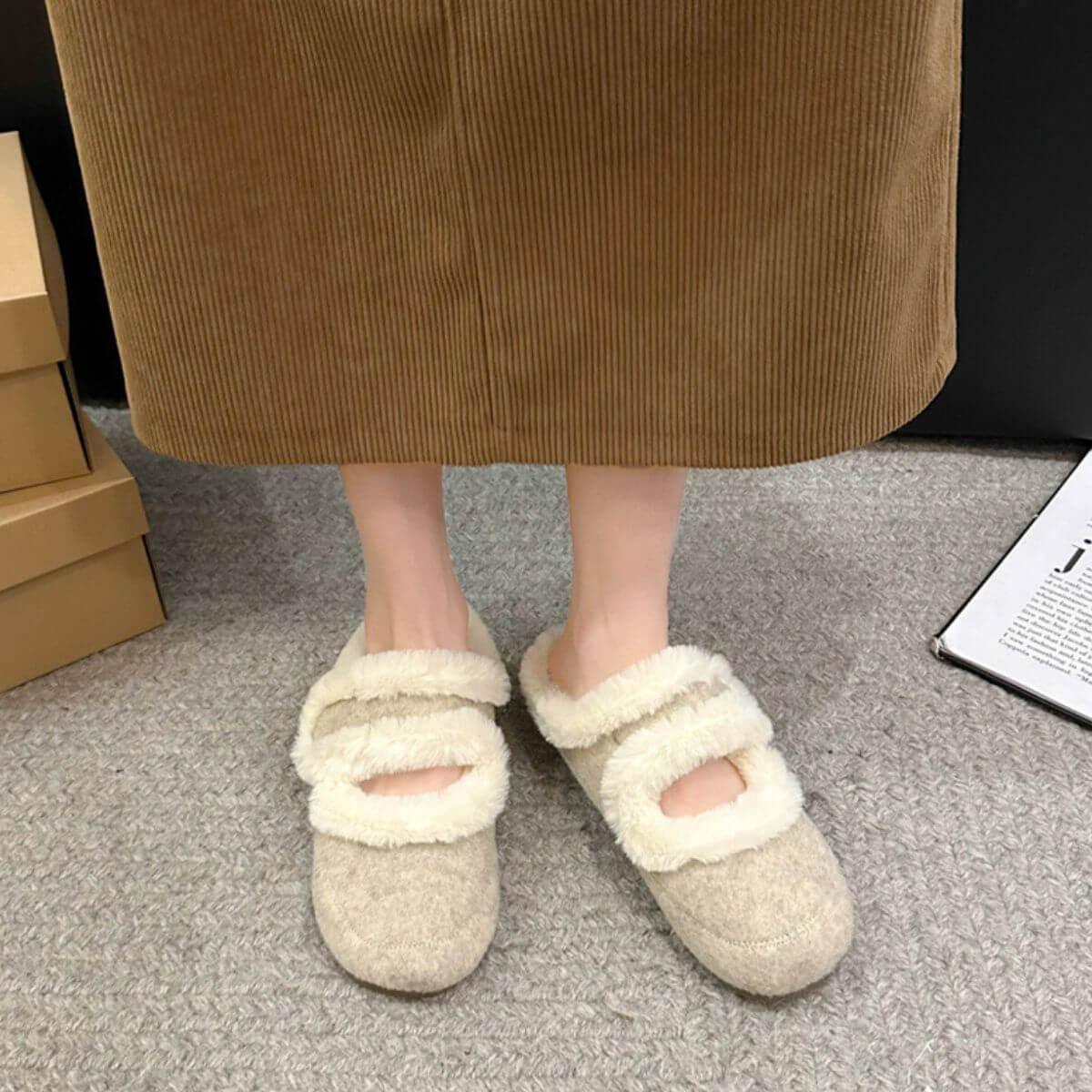 Round toe Flats Furry Slippers - Clothes For Her Online Store