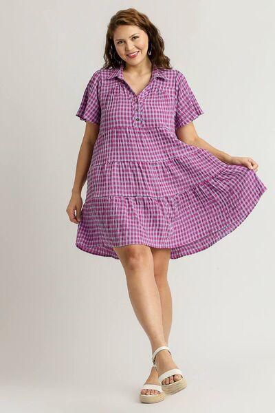 Umgee Full Size Gingham Tiered Button Detail Short Sleeve Dress Plus Size - Clothes For Her Online Store