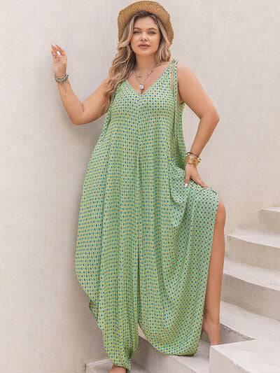 Plus Size Printed V-Neck Wide Leg Jumpsuit - Clothes For Her Online Store