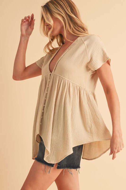 Aemi + Co Tuck Detail V-Neck Short Sleeve Blouse - Clothes For Her Online Store