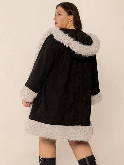 Plus Size Fuzzy Trim Open Front Long Sleeve Hooded Coat - Clothes For Her Online Store