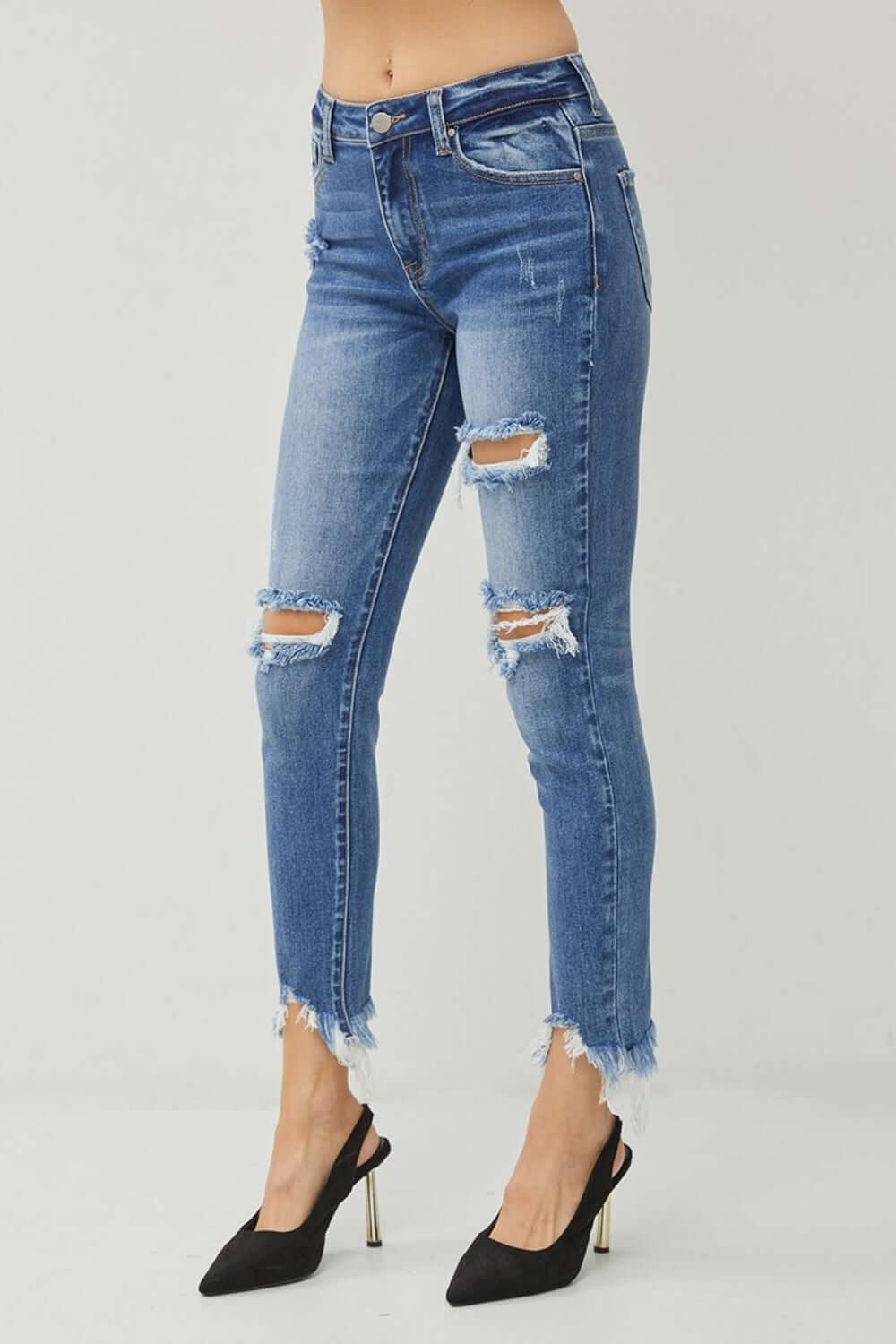 RISEN Distressed Frayed Hem Slim Jeans - Clothes For Her Online Store