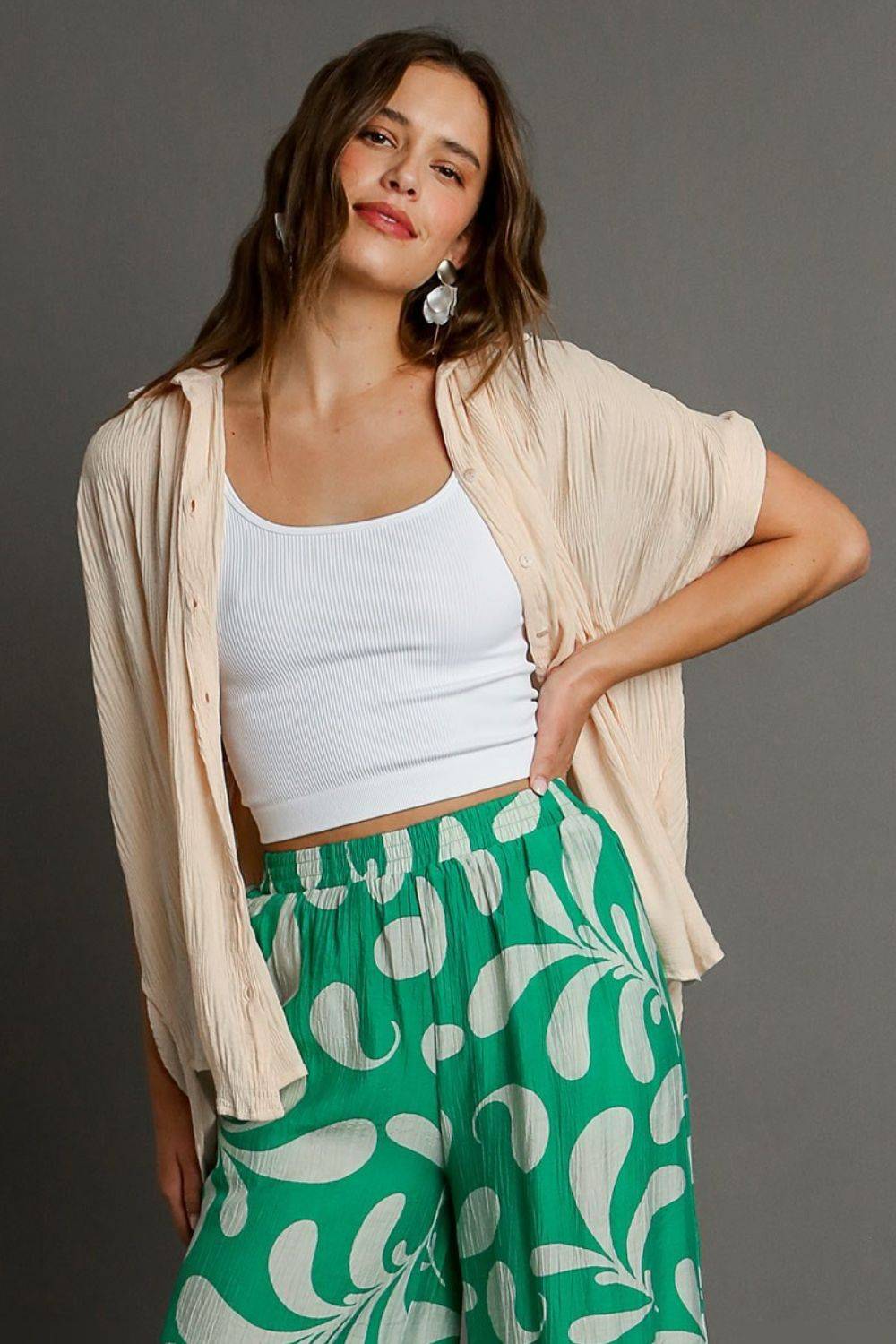 Umgee Full Size Textured Button Down Short Sleeve Shirt Plus Size - Clothes For Her Online Store