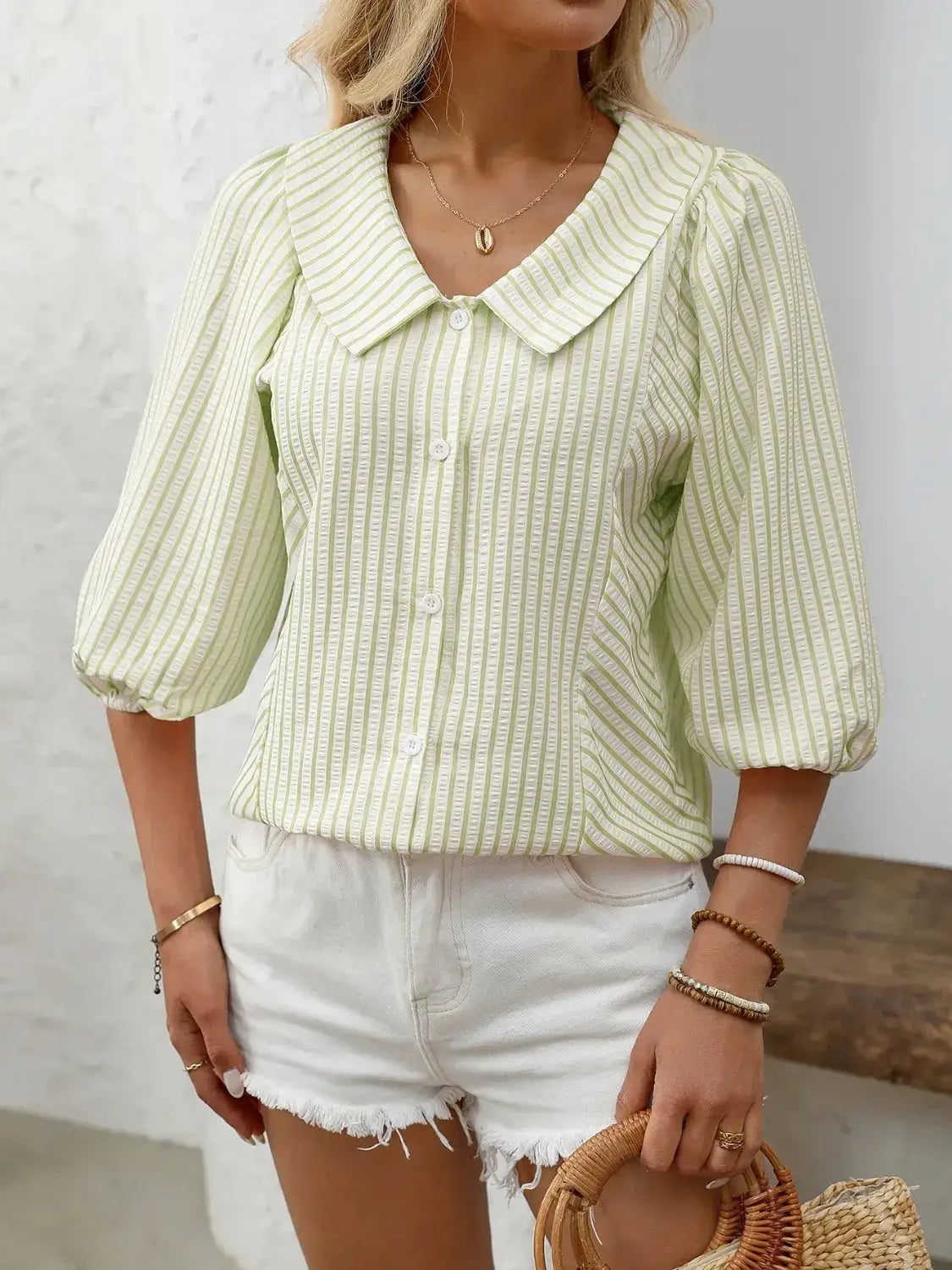 Striped Button Down 3/4 Sleeve Shirt - Clothes For Her Online Store
