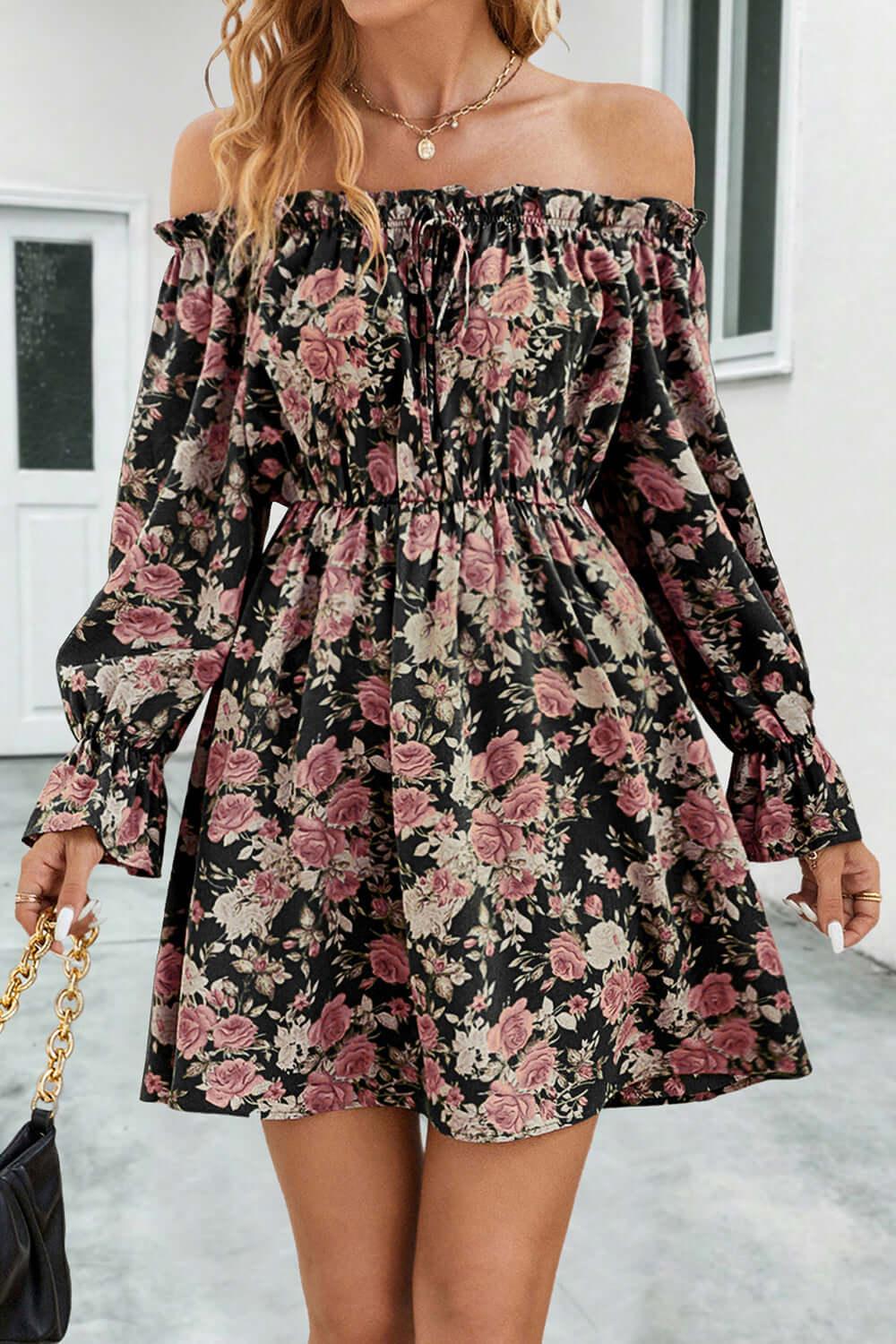 Floral Off-Shoulder Flounce Sleeve Dress - Clothes For Her Online Store