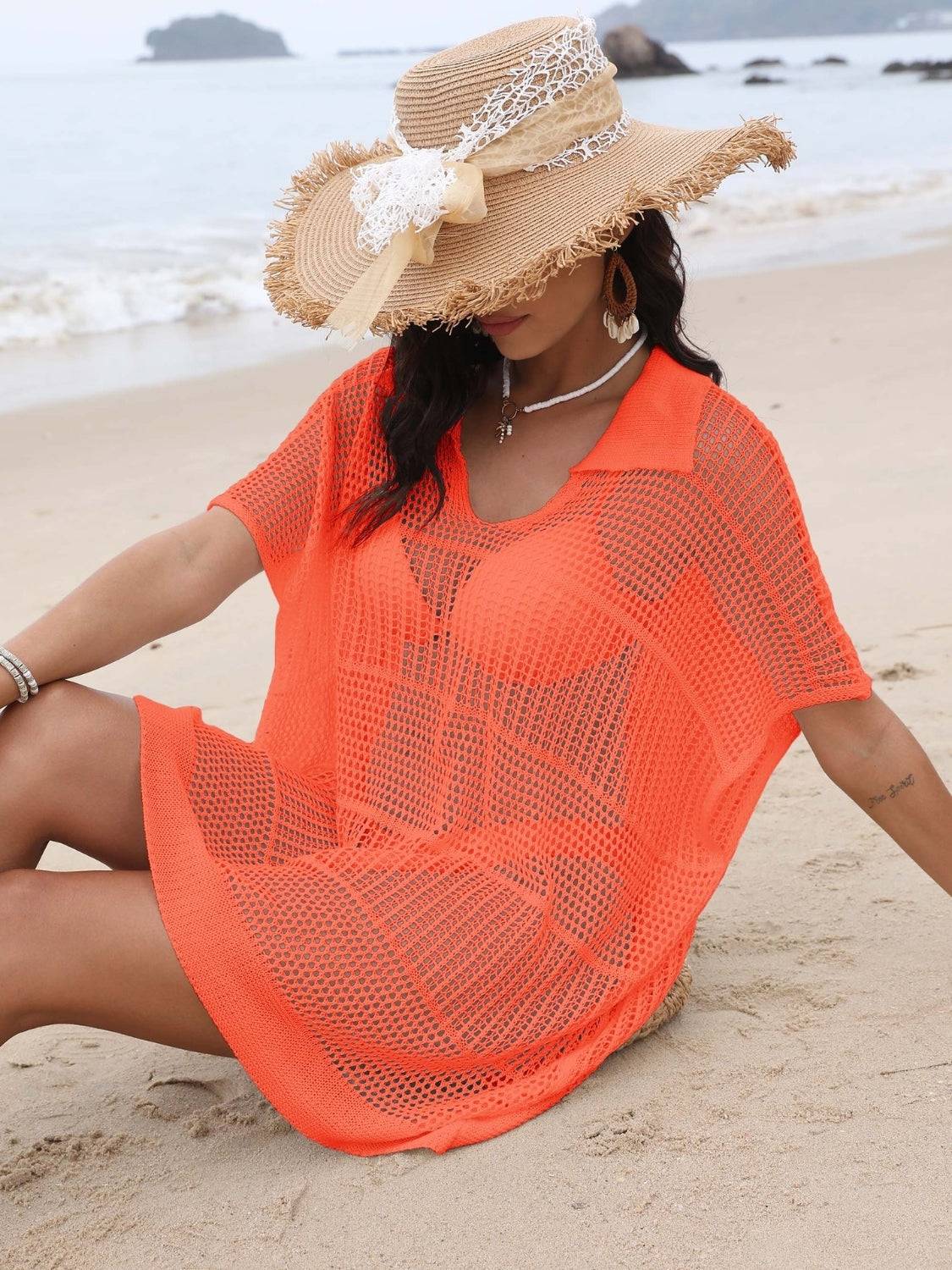 Hollow Out Collared Neck Cover-Up - Clothes For Her Online Store