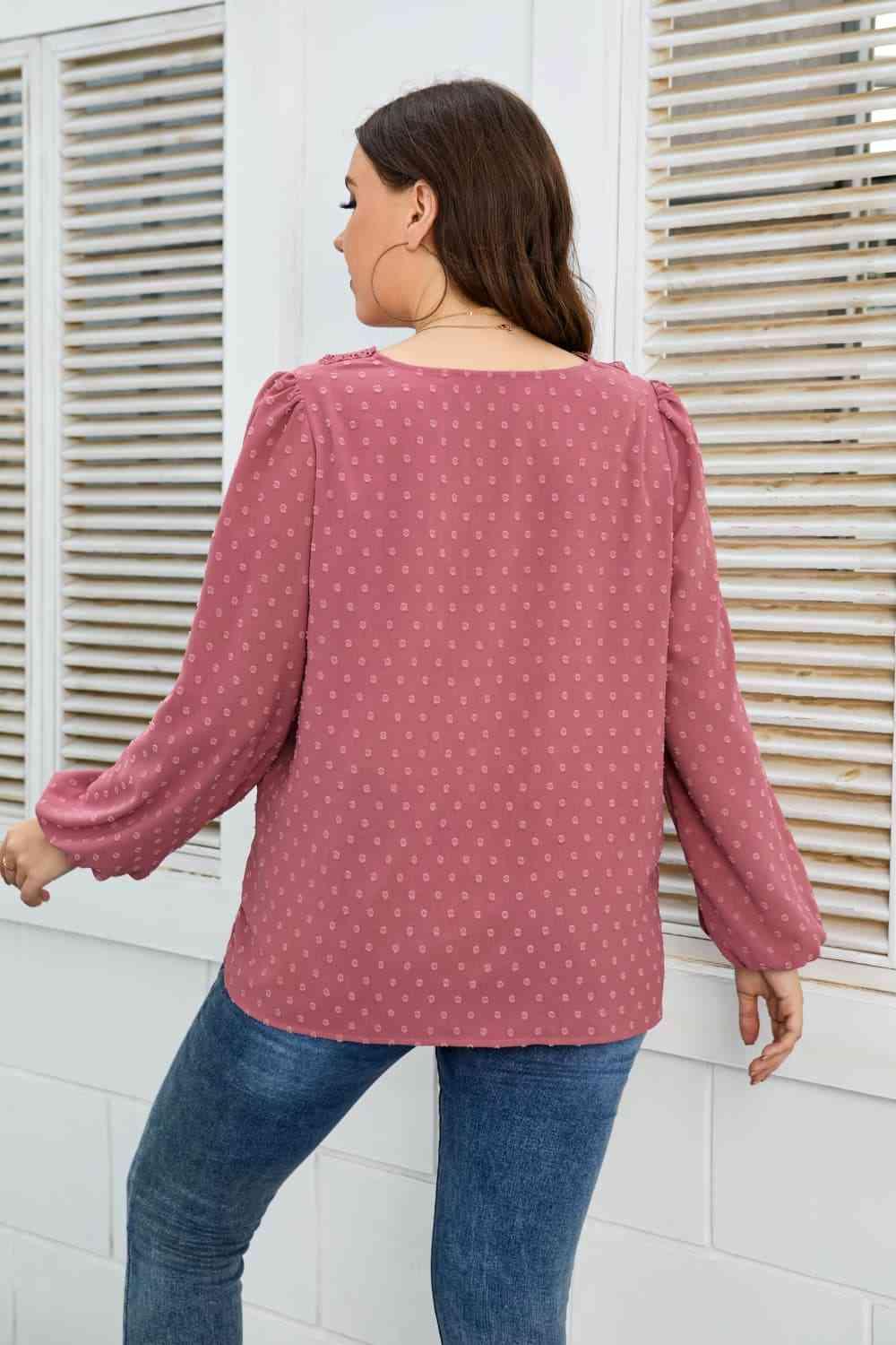 Honey Melo Apparel Plus Size Lace Trim V-Neck Balloon Sleeve Blouse - Clothes For Her Online Store