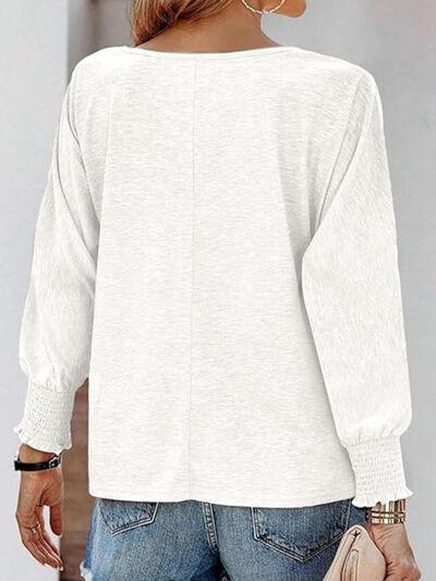 Round Neck Smocked Lantern Sleeve T-Shirt - Clothes For Her Online Store
