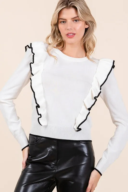 Mittoshop Contrast Trim Ruffled Round Neck Knit Top