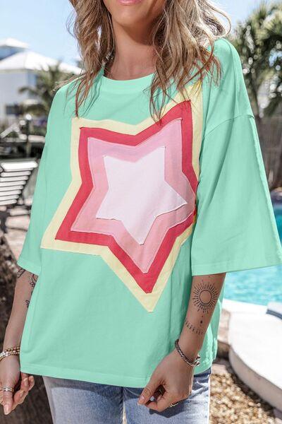 Color Block Star Patched Oversized T-Shirt - Clothes For Her Online Store