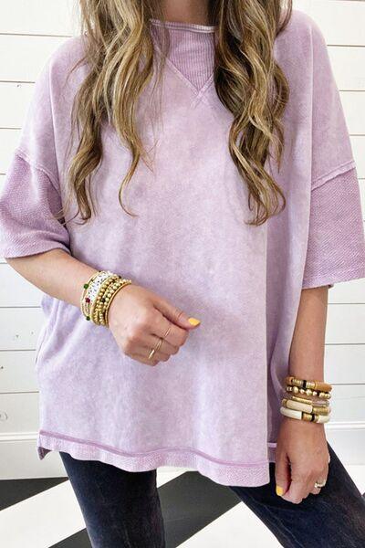 Mineral Wash Drop Shoulder Round Neck T-Shirt - Clothes For Her Online Store