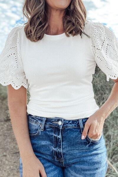 Eyelet Short Sleeve Patchwork Ribbed Top - Clothes For Her Online Store