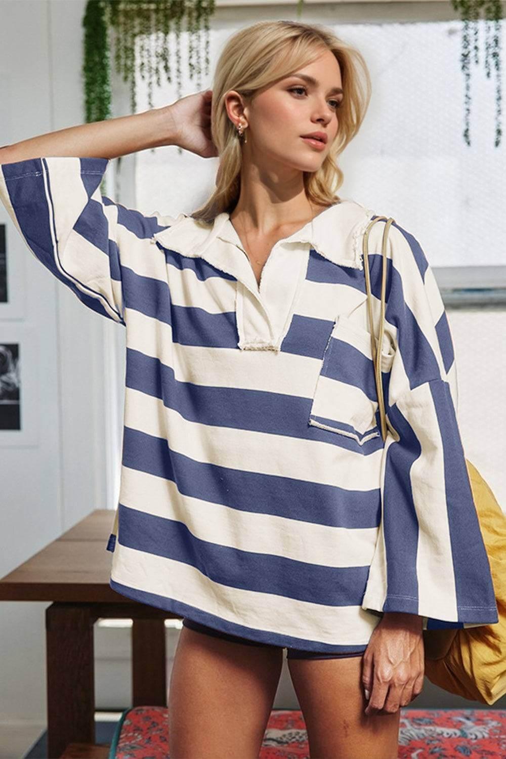 Oh Striped Johnny Collar Long Sleeve T-Shirt - Clothes For Her Online Store
