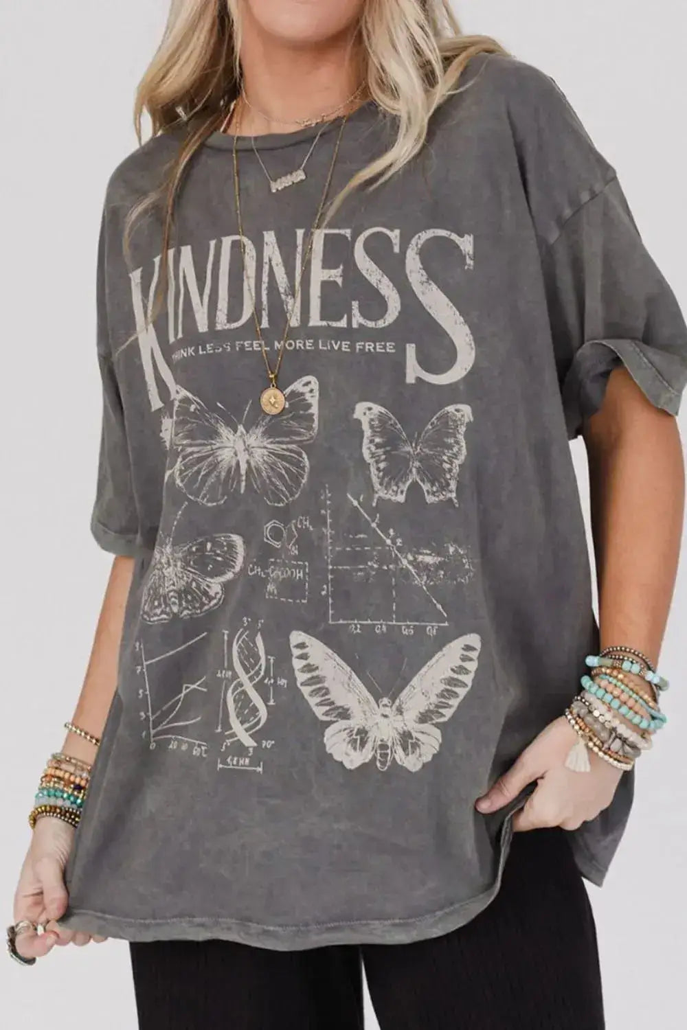 Kindness Butterflies Graphic Mineral Wash Loose Tee - Clothes For Her Online Store