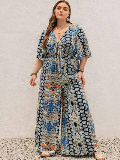 Plus Size Printed Half Sleeve Wide Leg Jumpsuit - Clothes For Her Online Store