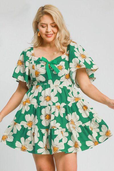 Umgee Full Size Daisy Print Mini Dress with Ribbon Details Plus Size - Clothes For Her Online Store