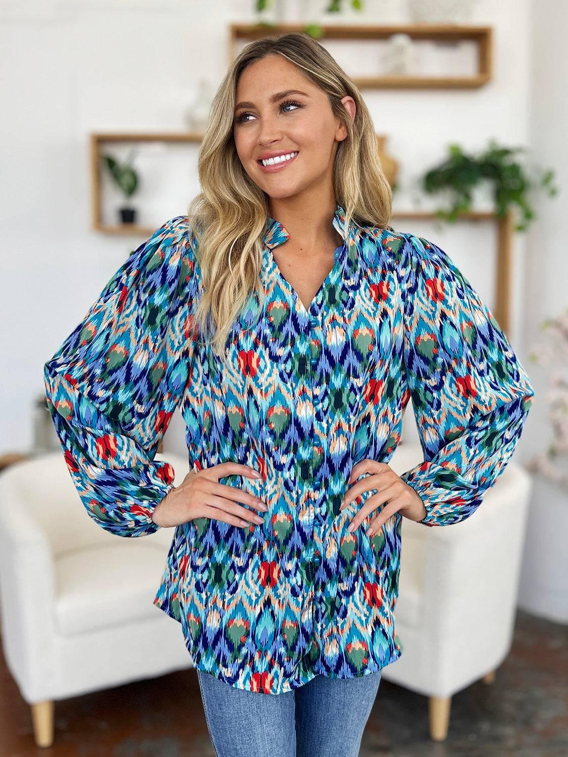 Double Take Full Size Printed Balloon Sleeve Blouse - Clothes For Her Online Store
