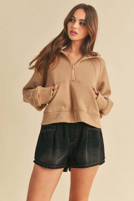 Aemi + Co Half Zip Raglan Sleeve Hoodie with Kangaroo Pocket - Clothes For Her Online Store