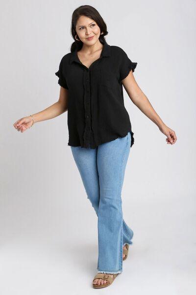 Umgee Full Size Frayed Hem Collared Neck Short Sleeve Shirt Plus Size - Clothes For Her Online Store