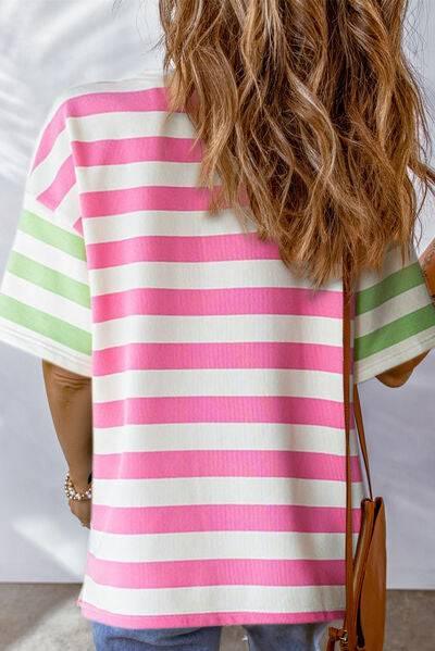 Contrast Striped Round Neck Half Sleeve T-Shirt - Clothes For Her Online Store
