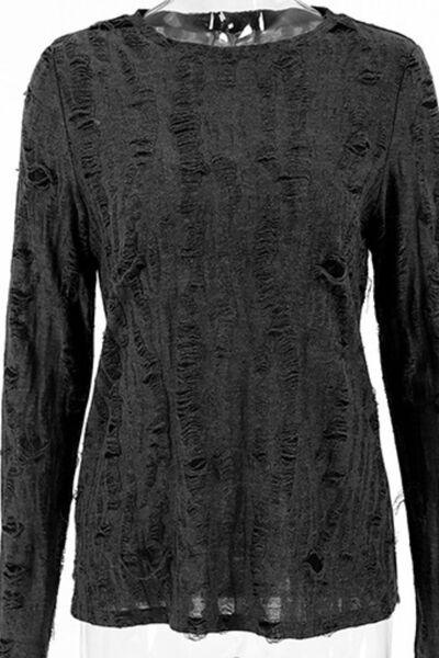 Distressed Round Neck Long Sleeve Blouse - Clothes For Her Online Store