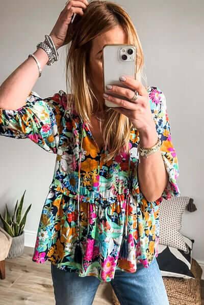 Floral Tie Neck Balloon Sleeve Blouse - Clothes For Her Online Store