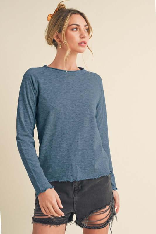 Aemi + Co Lettuce Hemline Round Neck Raglan Sleeve T-Shirt - Clothes For Her Online Store