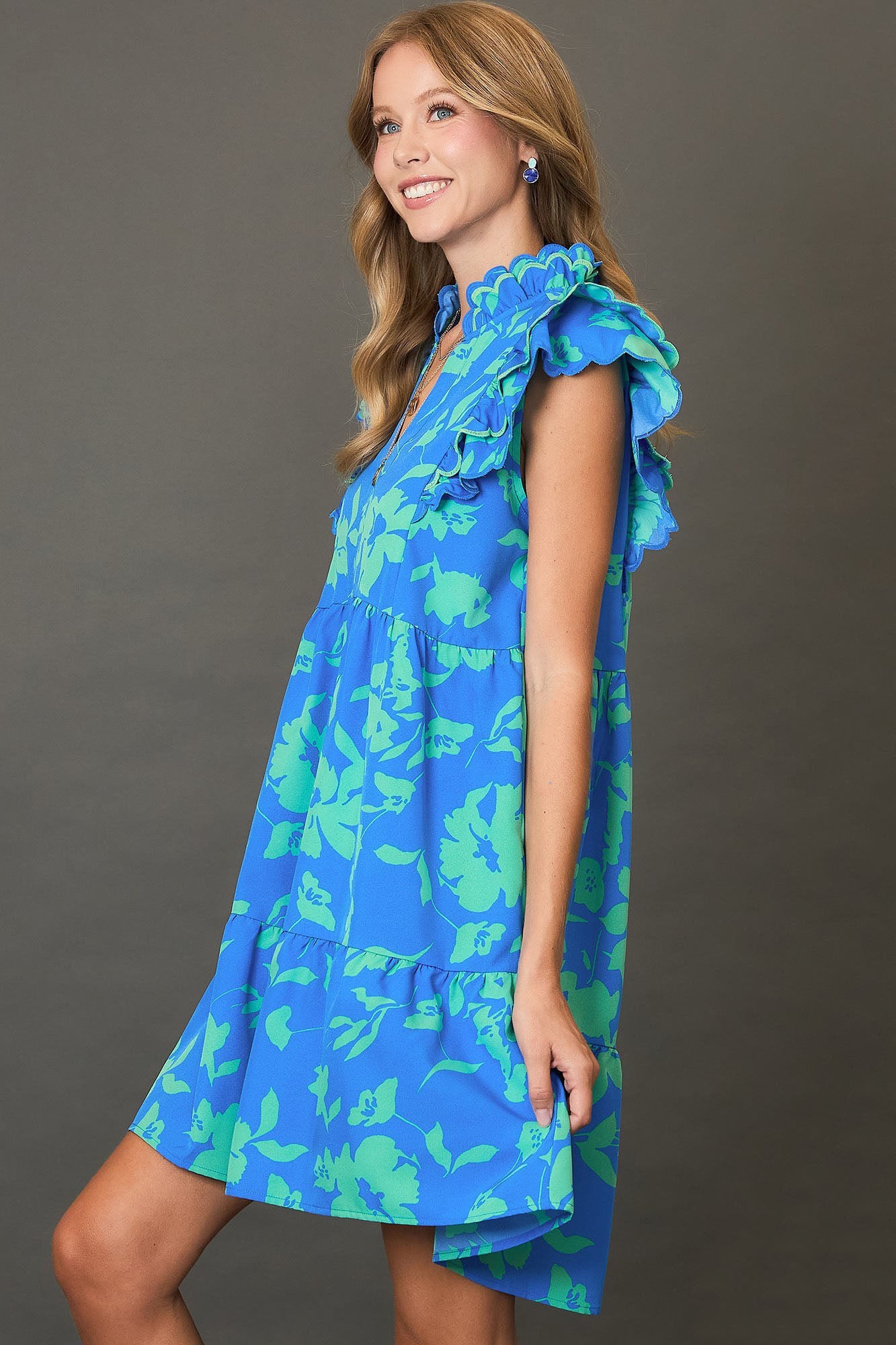 Umgee Full Size Two Tone Floral Print Ruffle Cap Sleeve Mini Dress Plus Size - Clothes For Her Online Store