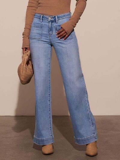 High Rise Front Pocket Patch Wide Leg Jeans - Clothes For Her Online Store