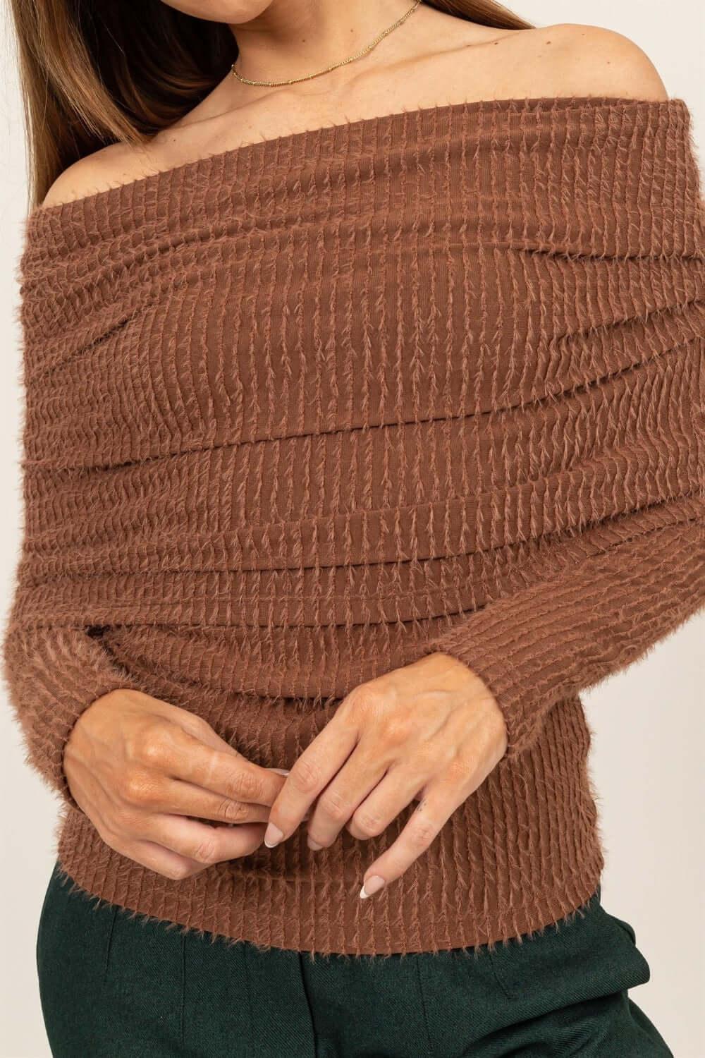 HYFVE Fuzzy Off Shoulder Textured Knit Top - Clothes For Her Online Store