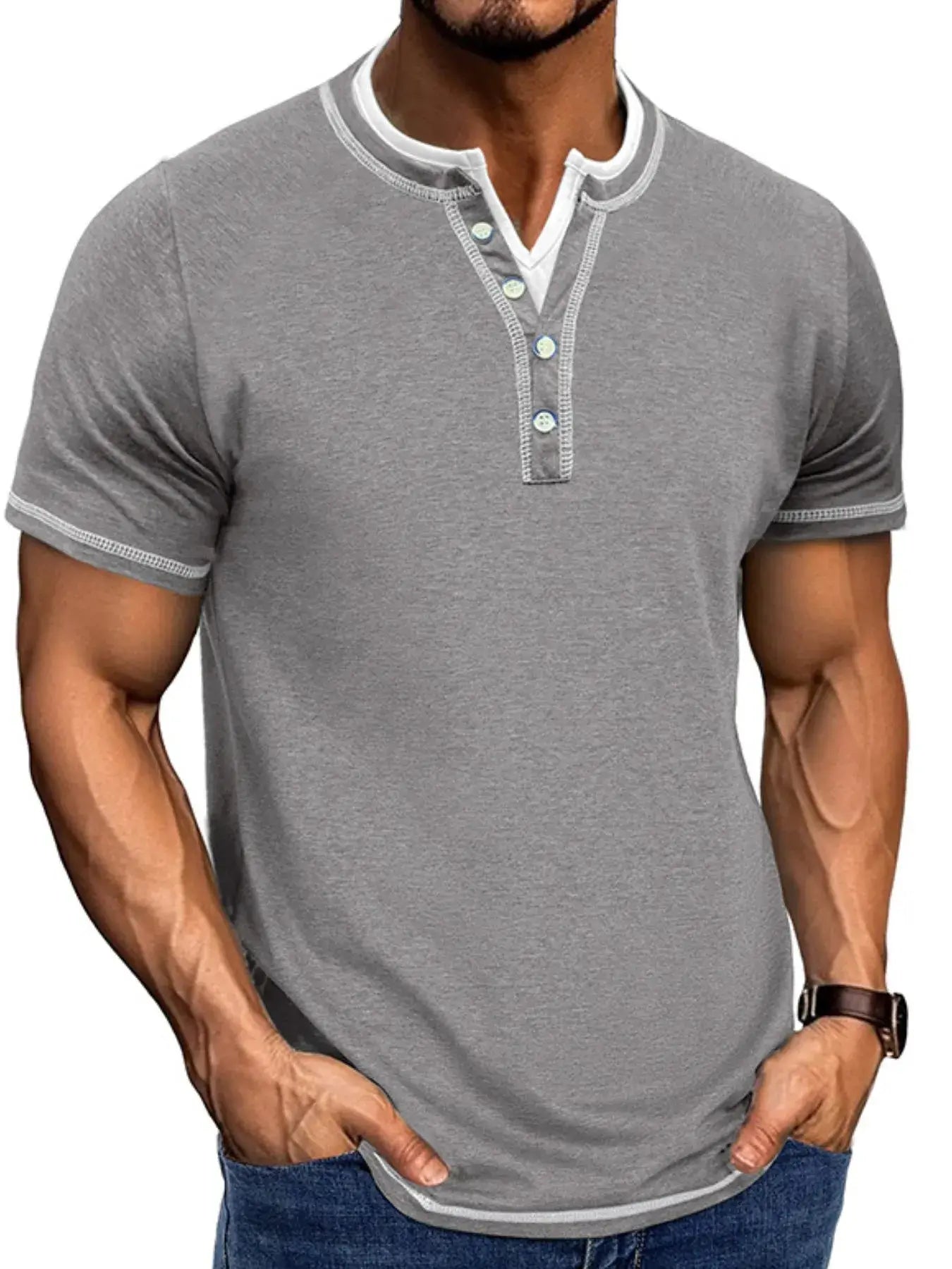 Men's Casual Henley Polo Shirt with Contrast Trim